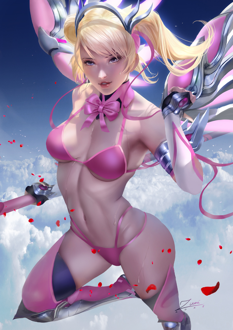 artist_name bare_shoulders blonde_hair blue_eyes bow bridal_gauntlets cloud flying from_above gloves lips long_hair mechanical_halo mechanical_wings mercy_(overwatch) navel overwatch parted_lips petals pink pink_mercy skindentation sky solo sweat twintails wings zumi_(zumidraws)