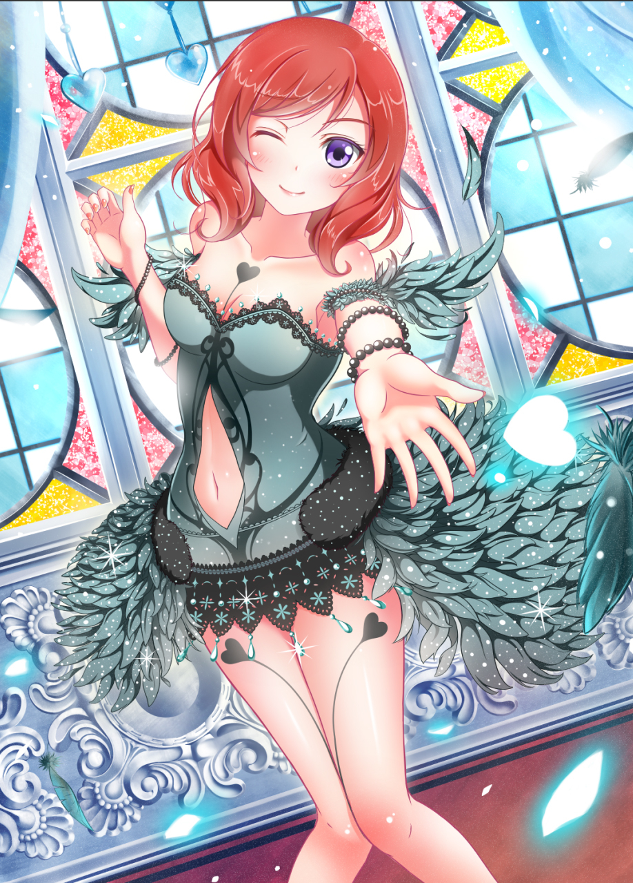 ;) armband bare_shoulders blush bracelet breasts cleavage feathered_wings feathers heart highres jewelry looking_at_viewer love_live! love_live!_school_idol_festival love_live!_school_idol_project medium_breasts medium_hair minamixdrops nail_polish navel navel_cutout nishikino_maki one_eye_closed outstretched_hand petals pink_nails purple_eyes red_hair showgirl_skirt smile solo sparkle stained_glass thighs wings