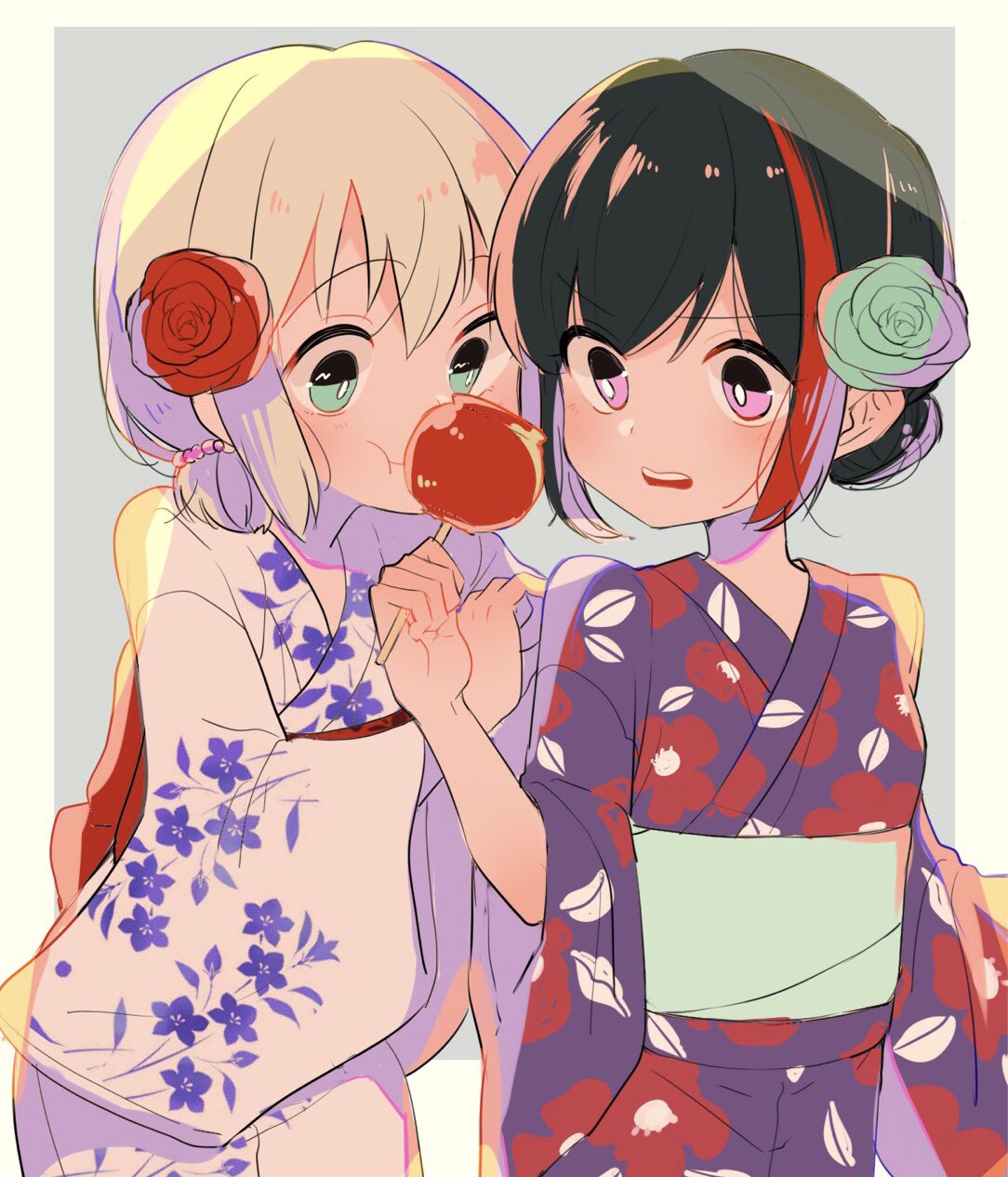 :t alternate_hairstyle aoba_moka aqua_eyes aqua_rose bang_dream! bangs black_hair blue_background candy_apple eating floral_print flower food hair_bun hair_flower hair_ornament highres holding holding_food japanese_clothes kimono long_sleeves low_ponytail mitake_ran multicolored_hair multiple_girls obi open_mouth purple_eyes red_flower red_hair red_rose rose sash short_hair short_ponytail streaked_hair upper_teeth wata_yuki wide_sleeves yukata