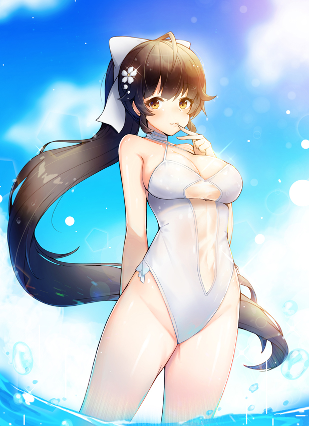 azur_lane black_hair blue_sky bow brown_eyes casual_one-piece_swimsuit cloud cowboy_shot criss-cross_halter day finger_to_mouth flower hair_bow hair_flaps hair_flower hair_ornament halterneck long_hair looking_at_viewer one-piece_swimsuit outdoors ponytail ribbon sky solo swimsuit takao_(azur_lane) tp_(kido_94) white_bow white_ribbon white_swimsuit