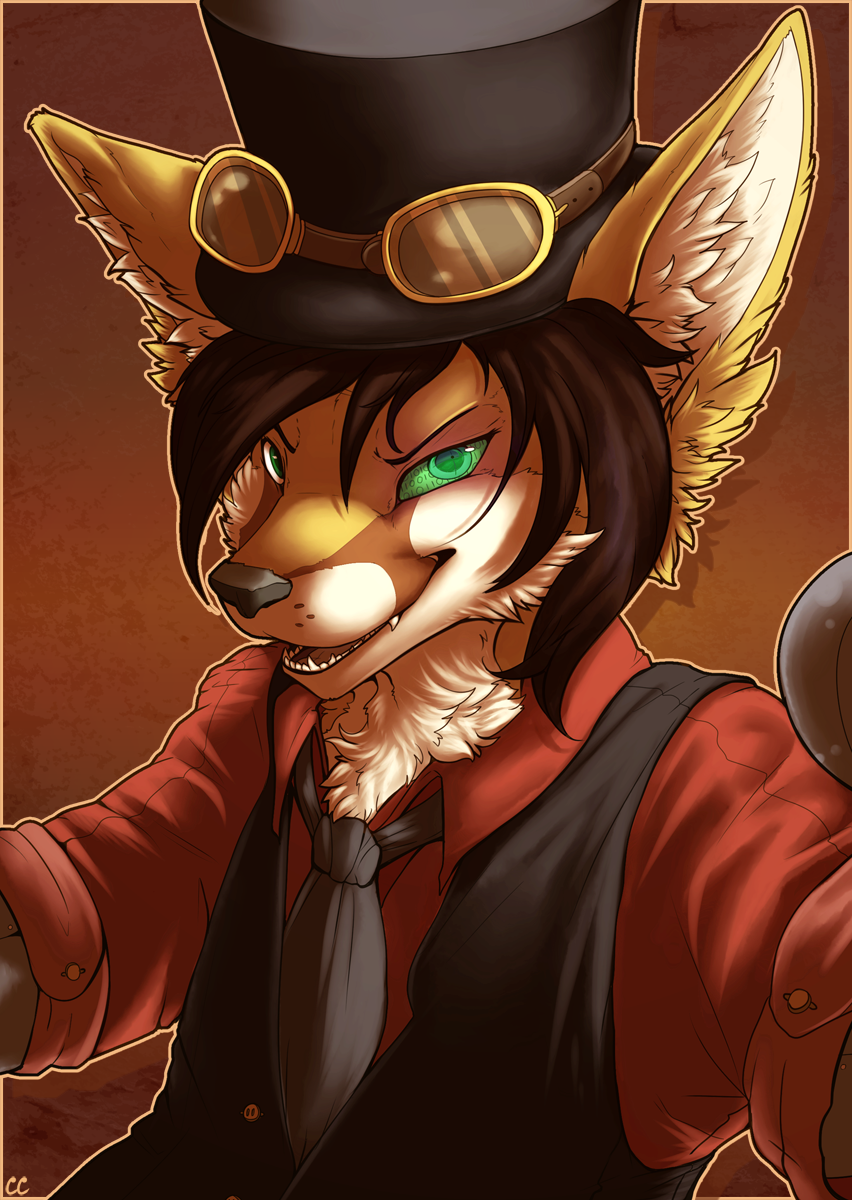 2018 anthro brown_background brown_hair bust_portrait canine chibity clothed clothing cybernetics cyborg eyewear fennec fennegan_linford_(character) fox fur goggles green_eyes hair hat machine male mammal necktie open_mouth open_smile portrait simple_background smile solo tan_fur teeth top_hat