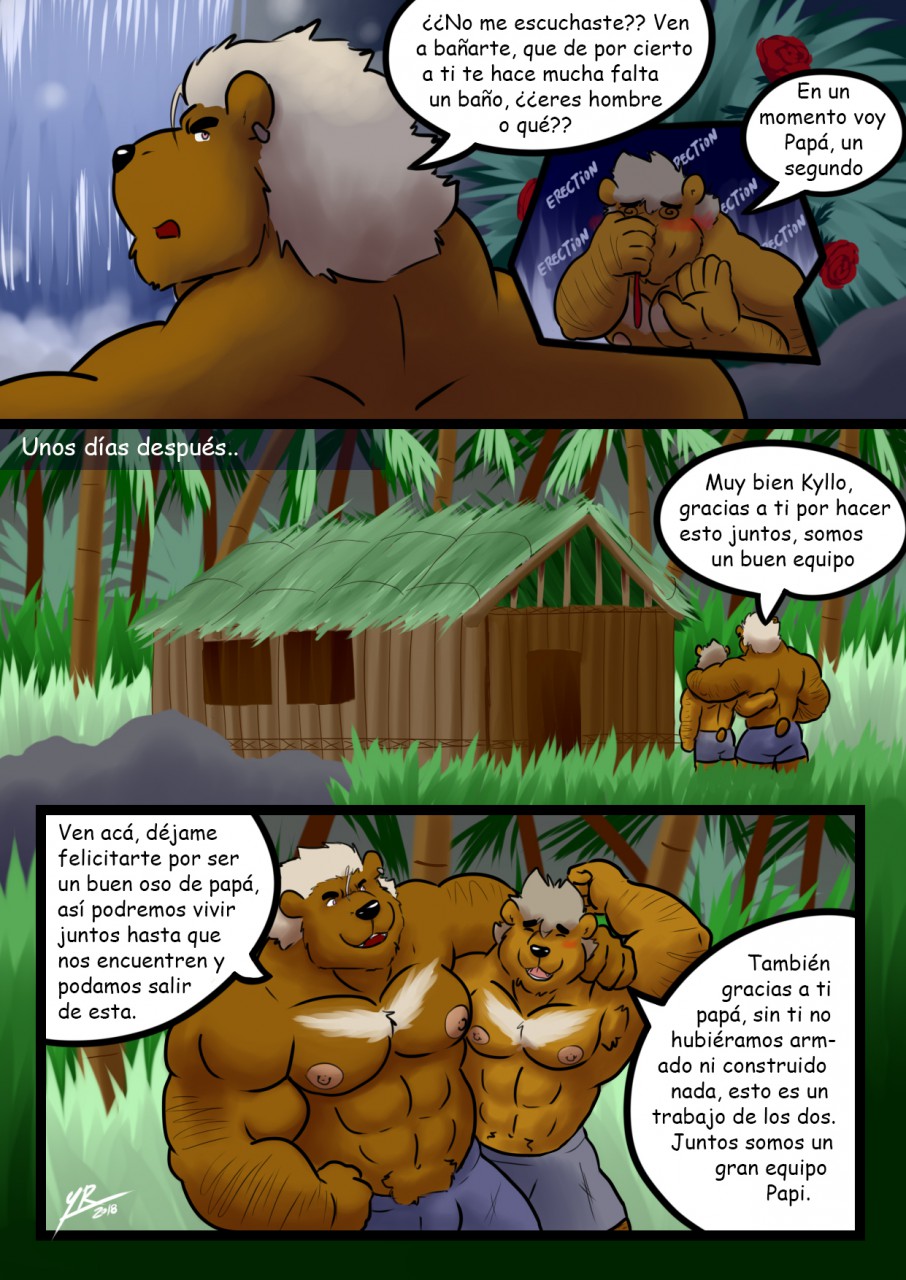 bear blood clothing comic father father_and_son hug male mammal muscular nipples nosebleed parent son spanish_text text translation_request yasserlion