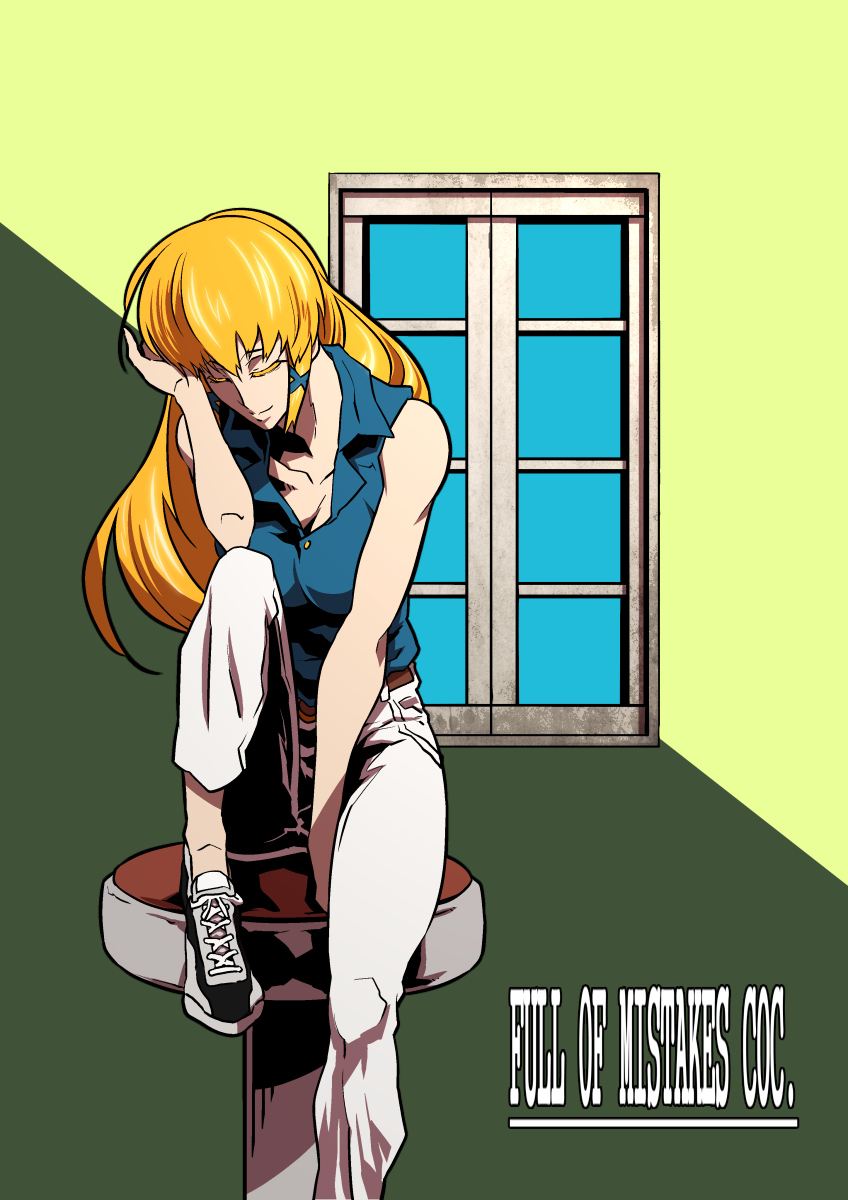 00s 1girl angelica_rothschild bare_shoulders belt blonde_hair blue_shirt breasts casual cleavage collarbone denim elf eyelashes eyes_closed gangure_(disemboweled) hand_on_own_head hand_up himekishi_angelica jeans knee_up leg_up long_hair pants shirt silky's sitting sleeveless sleeveless_shirt smile sneakers solo stool white_pants window
