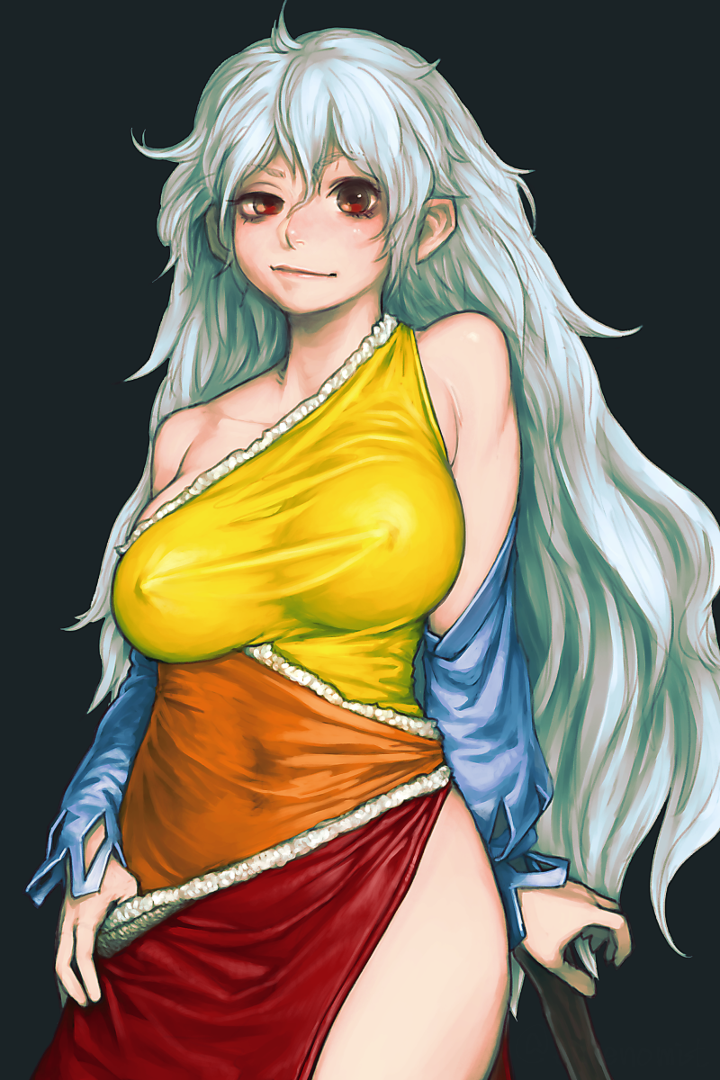 bare_shoulders blue_sleeves breasts check_commentary collarbone commentary_request covered_navel covered_nipples cowboy_shot detached_sleeves dress gengoroumaru_(ambidextrous) grey_background hair_between_eyes hand_on_hilt highres large_breasts long_hair looking_at_viewer messy_hair multicolored multicolored_clothes multicolored_dress orange_dress planted_weapon red_dress red_eyes sakata_nemuno side_slit silver_hair simple_background single_strap smile solo standing touhou uneven_eyes very_long_hair weapon yellow_dress