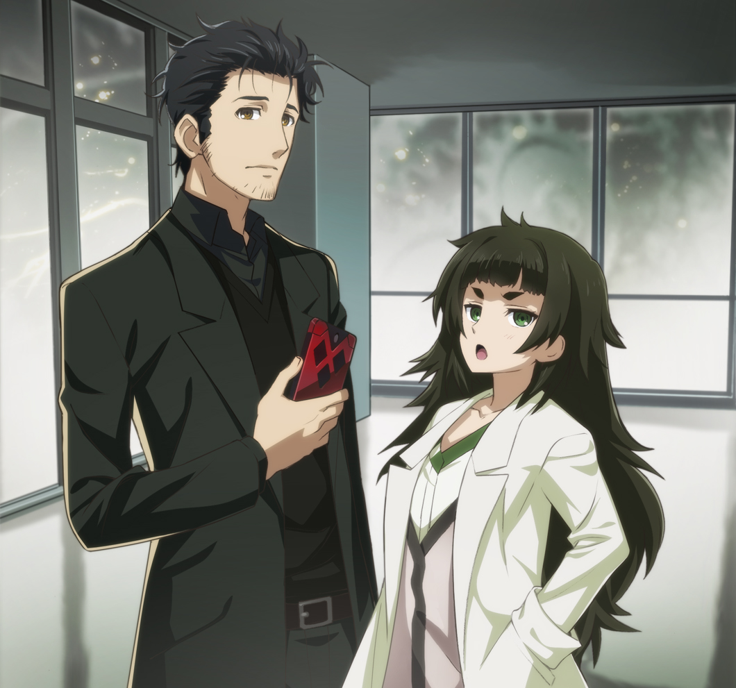 1girl bangs belt black_hair blunt_bangs brown_eyes cellphone collared_shirt facial_hair flat_chest gears green_eyes hands_in_pockets hiyajou_maho jacket labcoat long_hair looking_at_viewer messy_hair nyoro_(nyoronyoro000) official_style okabe_rintarou open_mouth pants phone shirt short_hair smartphone steins;gate steins;gate_0 stubble thick_eyebrows upper_body vest window