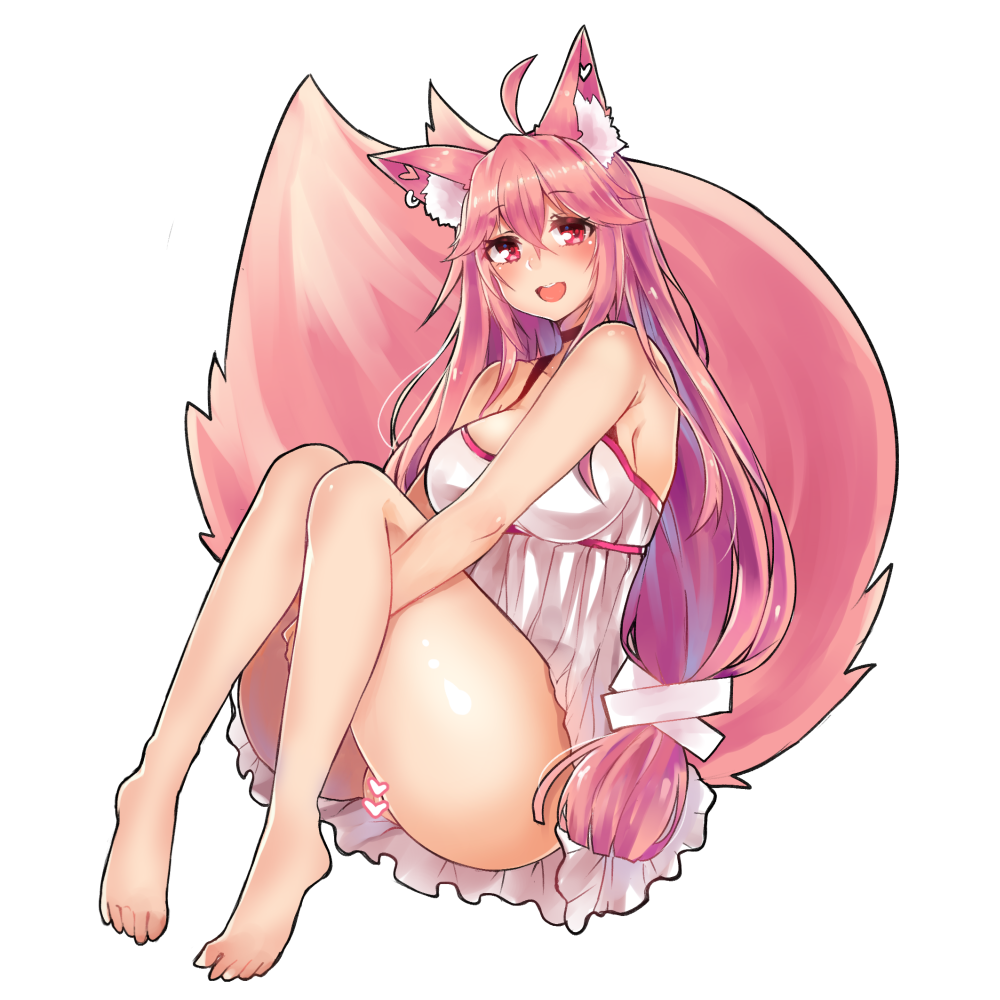 :d ahoge animal_ear_fluff animal_ears bangs bare_legs bare_shoulders barefoot black_outline blush breasts camisole censored choker commentary dress ear_piercing earrings english_commentary eyebrows_visible_through_hair fox_ears fox_tail hands_under_legs heart heart_censor jewelry kireina_(osiimi) large_breasts large_tail leg_hug long_hair looking_at_viewer low-tied_long_hair low_tied_hair low_twintails multiple_tails no_panties open_mouth original osiimi outline piercing pink_hair pussy red_eyes red_ribbon ribbon ribbon_choker sidelocks simple_background sitting smile solo spaghetti_strap swept_bangs tail twintails very_long_hair white_background