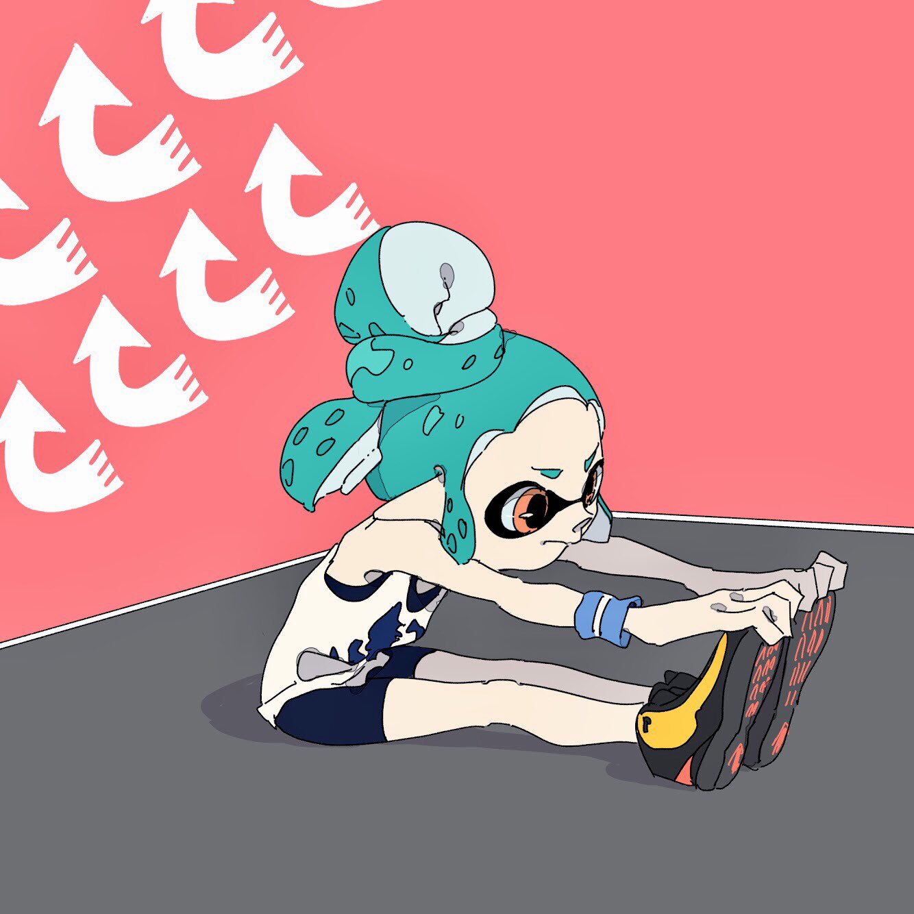 bike_shorts blue_hair camisole commentary_request determined directional_arrow hasha highres inkling looking_to_the_side orange_eyes shoes simple_background sitting sneakers solo splatoon_(series) stretch sweatband tank_top topknot touching_toes