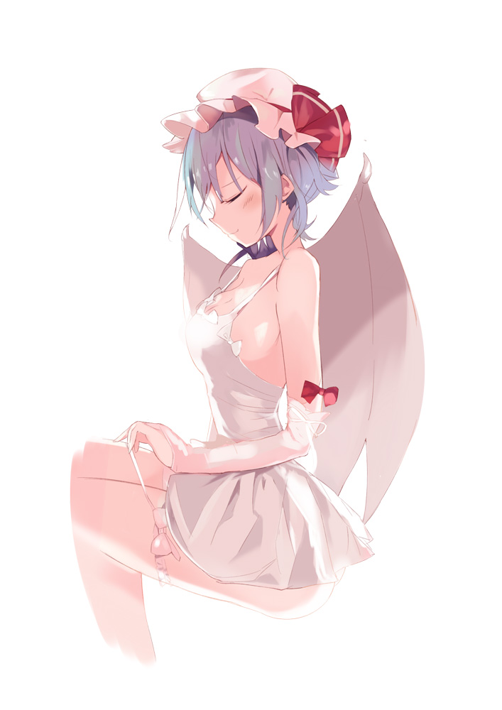 alternate_breast_size alternate_costume arm_ribbon ass bare_shoulders bat_wings blue_hair blush bow breasts bridal_gauntlets cleavage closed_eyes commentary_request cropped_legs dress from_side gloves hat hat_ribbon invisible_chair large_breasts mob_cap pink_hat profile red_bow red_ribbon remilia_scarlet ribbon short_dress sitting solo spaghetti_strap tetsurou_(fe+) thigh_strap touhou white_bow white_dress white_gloves white_ribbon wings