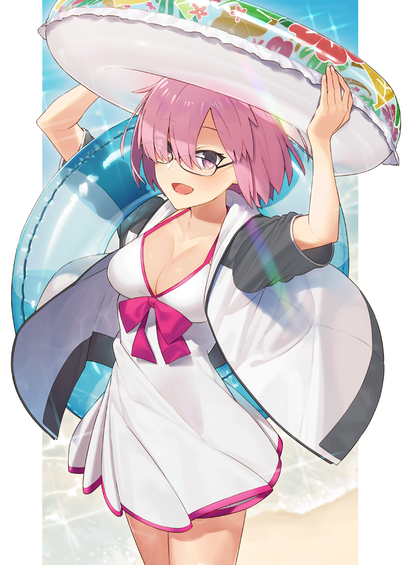 :d arms_up bangs beach black-framed_eyewear blush bow breasts cleavage collarbone commentary_request cowboy_shot day dress dress_swimsuit eyebrows_visible_through_hair eyes_visible_through_hair fate/grand_order fate_(series) floral_print flower frame from_side glasses gradient hair_over_one_eye halterneck happy hayashi_kewi holding holding_innertube hood hood_down hooded_jacket innertube jacket lavender_hair leaf leaf_print lens_flare light_rays looking_at_viewer mash_kyrielight medium_breasts ocean open_clothes open_jacket open_mouth outdoors pink_bow purple_eyes raglan_sleeves rainbow short_dress short_hair sideways_glance smile solo spaghetti_strap sparkle straight_hair sundress swimsuit_of_perpetual_summer transparent water white_dress white_jacket wind wind_lift