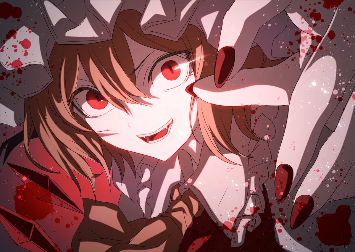 ascot blonde_hair blood collared_shirt commentary_request crystal evil_smile eyebrows_visible_through_hair fangs fingernails flandre_scarlet frilled_shirt_collar frills hair_between_eyes hat jan_(lightdragoon) long_fingernails looking_at_viewer mob_cap nail_polish open_mouth red_background red_eyes red_nails shirt short_hair smile solo teeth touhou yellow_neckwear
