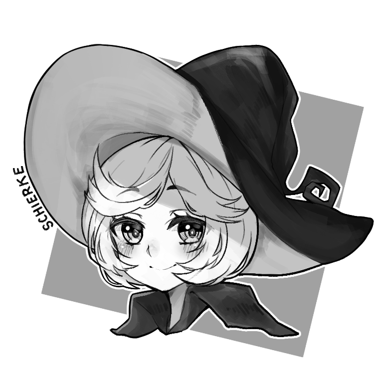 berserk blush character_name closed_mouth commentary commission english_commentary eyebrows_visible_through_hair grey_background greyscale hat looking_at_viewer monochrome osiimi outline portrait schierke short_hair simple_background smile solo white_outline wing_collar witch_hat