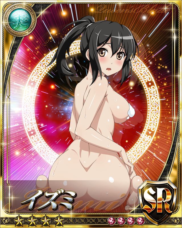 1girl ass black_hair blush breasts card_(medium) curvy female huge_ass izumi_(queen's_blade) large_breasts long_hair looking_at_viewer looking_back lost_worlds nude ponytail queen's_blade queen's_blade_rebellion shiny shiny_skin yellow_eyes