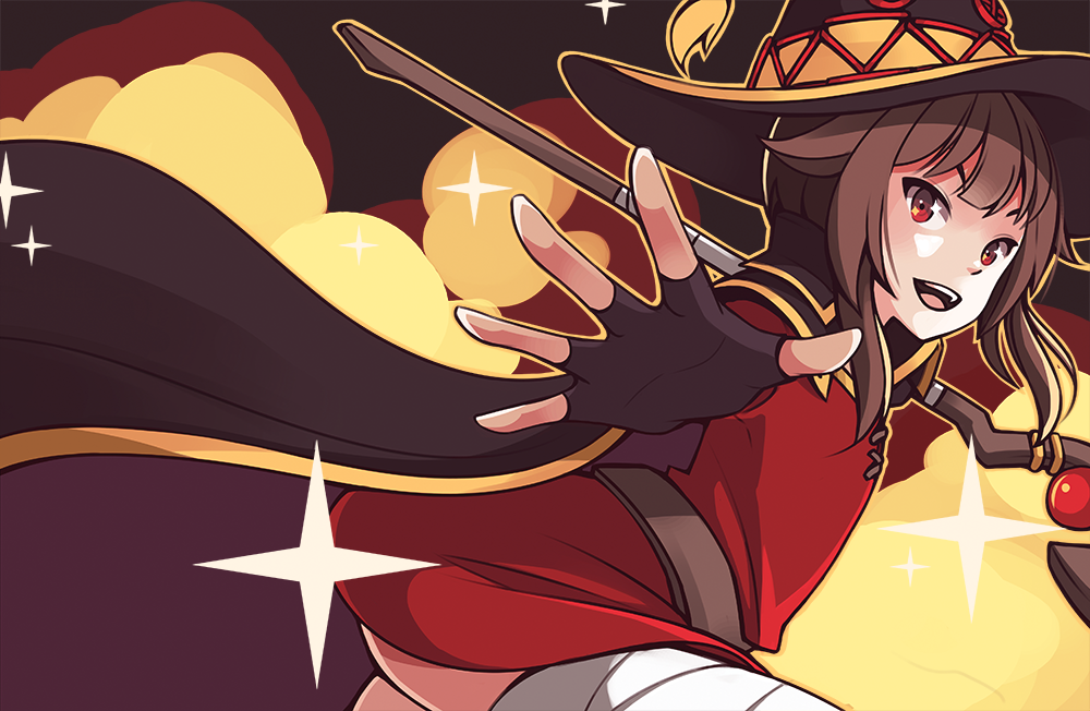 :d bandages black_gloves brown_hair cape dress fingerless_gloves gloves hat holding holding_staff kono_subarashii_sekai_ni_shukufuku_wo! lily_tran long_hair looking_at_viewer megumin open_mouth outstretched_arm red_cape red_dress red_eyes short_dress short_hair_with_long_locks sidelocks smile solo sparkle staff witch_hat
