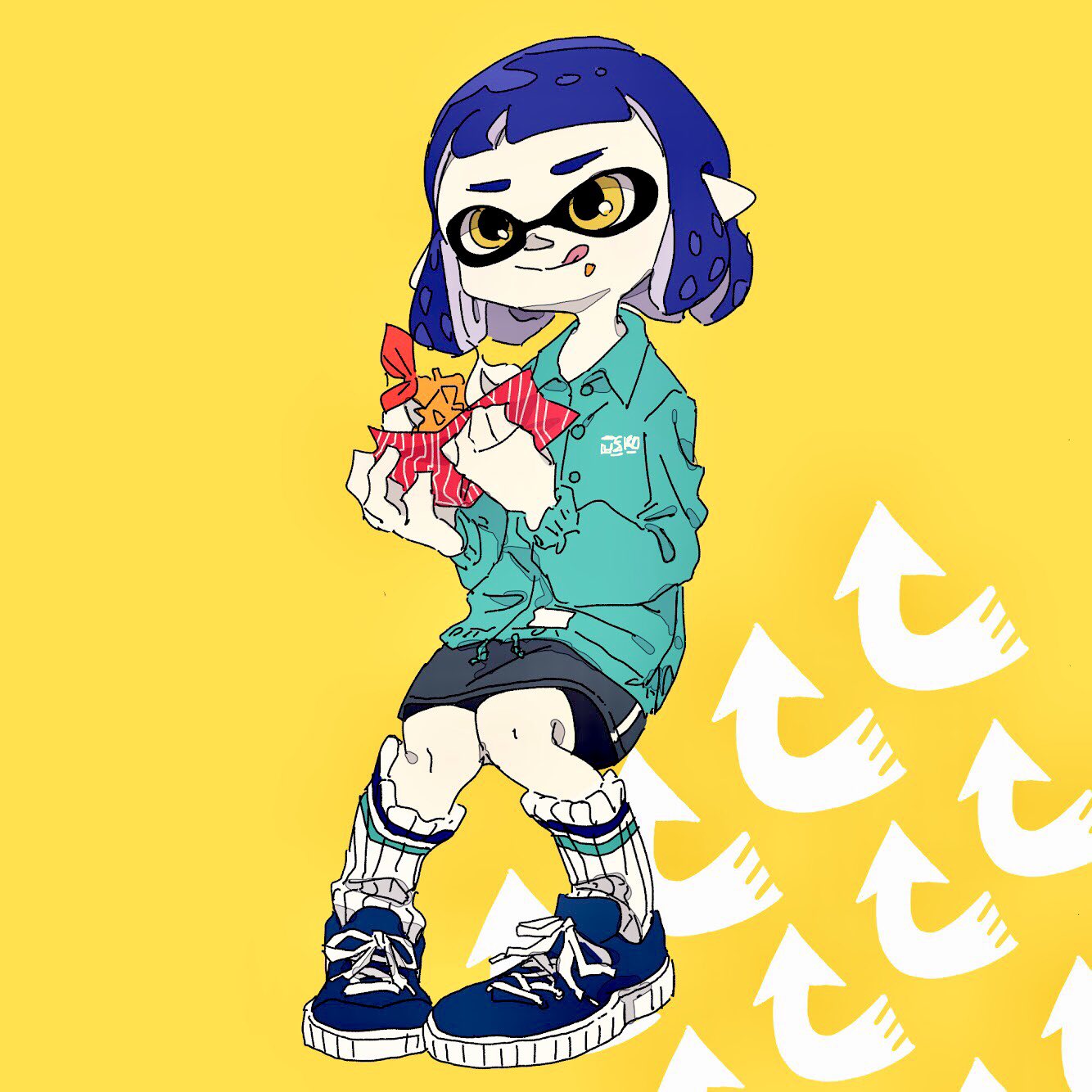 bangs bike_shorts blue_hair commentary_request directional_arrow eating food hasha highres holding holding_food inkling jacket legs_together looking_to_the_side messy napkin shoes short_hair shrimp shrimp_tempura simple_background sitting skirt smile sneakers socks solo splatoon_(series) tempura tongue tongue_out yellow_eyes