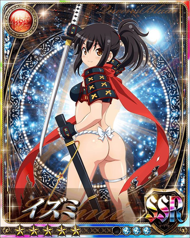 10s 1girl armor black_hair blush breasts brown_eyes card_(medium) cover curvy female fingerless_gloves fundoshi gloves izumi_(queen's_blade) large_breasts long_hair looking_at_viewer lost_worlds ootachi ponytail queen's_blade queen's_blade_rebellion red_scarf scarf seashell shell shiny shiny_skin solo standing thighs yellow_eyes