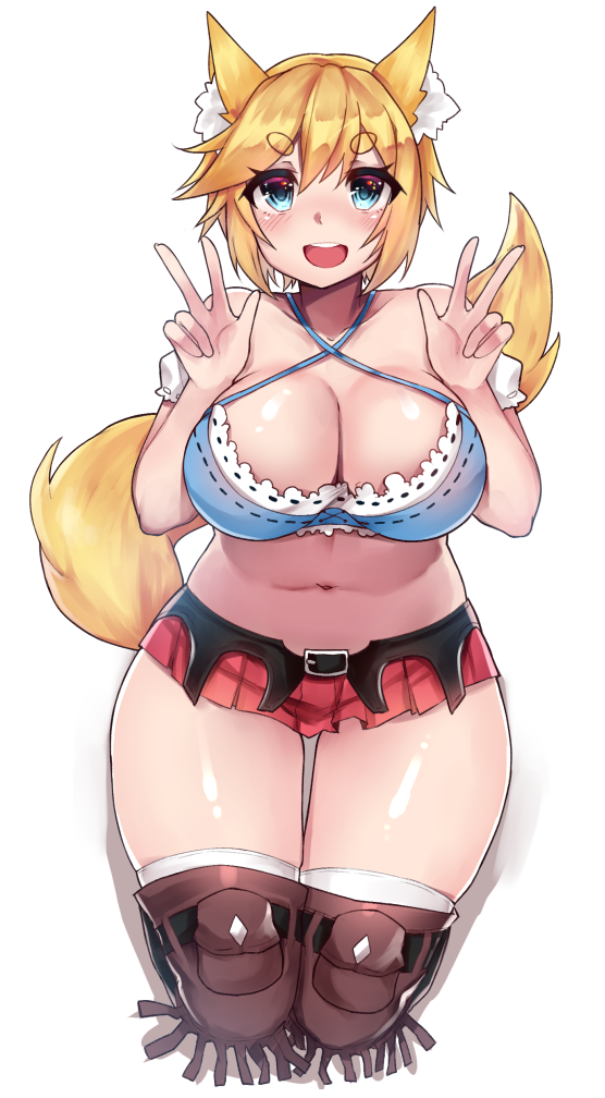 :d alice_(flanaki) animal_ear_fluff animal_ears bare_shoulders belt blonde_hair blue_bra bra breasts brown_legwear cleavage commentary commission criss-cross_halter double_w english_commentary fox_ears fox_tail halterneck hands_up looking_at_viewer microskirt navel open_mouth original osiimi pleated_skirt pouch puffy_short_sleeves puffy_sleeves red_skirt seiza short_hair short_sleeves simple_background sitting skirt smile solo tail thighhighs underwear w white_background