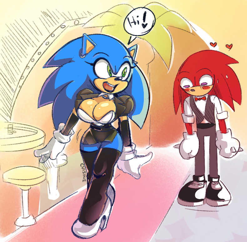 &lt;3 big_breasts blush bow_tie breasts bustier casino cleavage clothed clothing collar crossgender cuisine echidna hedgehog jacket knuckles_the_echidna mammal miniskirt monotreme skirt sonic_(series) sonic_the_hedgehog speech_bubble tight_clothing