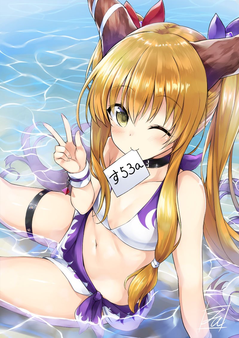 ;) alternate_hairstyle bare_arms bare_shoulders bikini black_choker blonde_hair blush bow breasts choker collarbone commentary_request eyebrows_visible_through_hair from_above hair_between_eyes hair_bow halterneck hand_up ibuki_suika long_hair looking_at_viewer looking_up mouth_hold multicolored multicolored_bikini multicolored_clothes navel one_eye_closed oni oni_horns purple_bikini purple_bow red_bow sarong sidelocks sitting small_breasts smile solo stomach swimsuit thigh_strap tirotata touhou twintails v very_long_hair water white_bikini wristband yellow_eyes