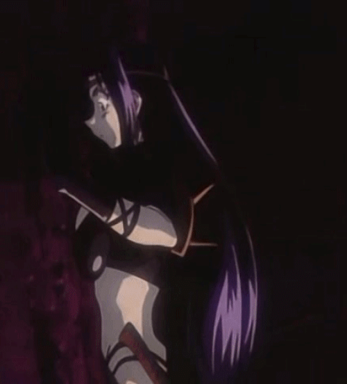 1girl 90s against_wall animated animated_gif armor bikini black_bikini bounce bouncing_breasts breast_press breasts circlet cropped edited female from_side gloves large_breasts long_hair looking loop midriff mountain naga_the_serpent night purple_gloves purple_hair revealing_clothes shiny shiny_clothes shoulder_pads shoulder_spikes slayers solo spikes wide-eyed