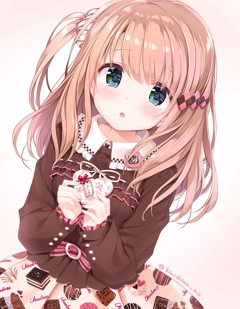 1girl :o bangs blue_eyes blush box brown_hair brown_shirt chocolate collar commentary_request dutch_angle frilled_collar frills gradient gradient_background hair_ornament heart-shaped_box holding kimishima_ao long_hair long_sleeves looking_at_viewer one_side_up original shirt simple_background solo twitter_username
