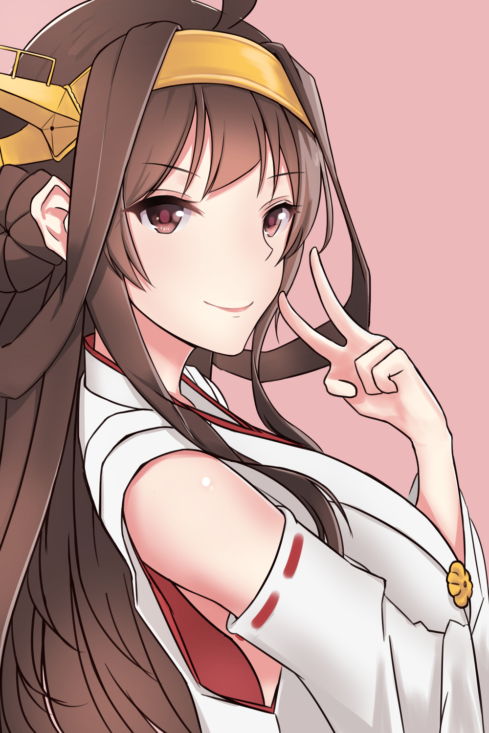 brown_eyes brown_hair detached_sleeves eyebrows_visible_through_hair hairband highres kantai_collection kela kongou_(kantai_collection) long_hair looking_at_viewer pink_background remodel_(kantai_collection) ribbon-trimmed_sleeves ribbon_trim simple_background smile solo upper_body v very_long_hair yellow_hairband