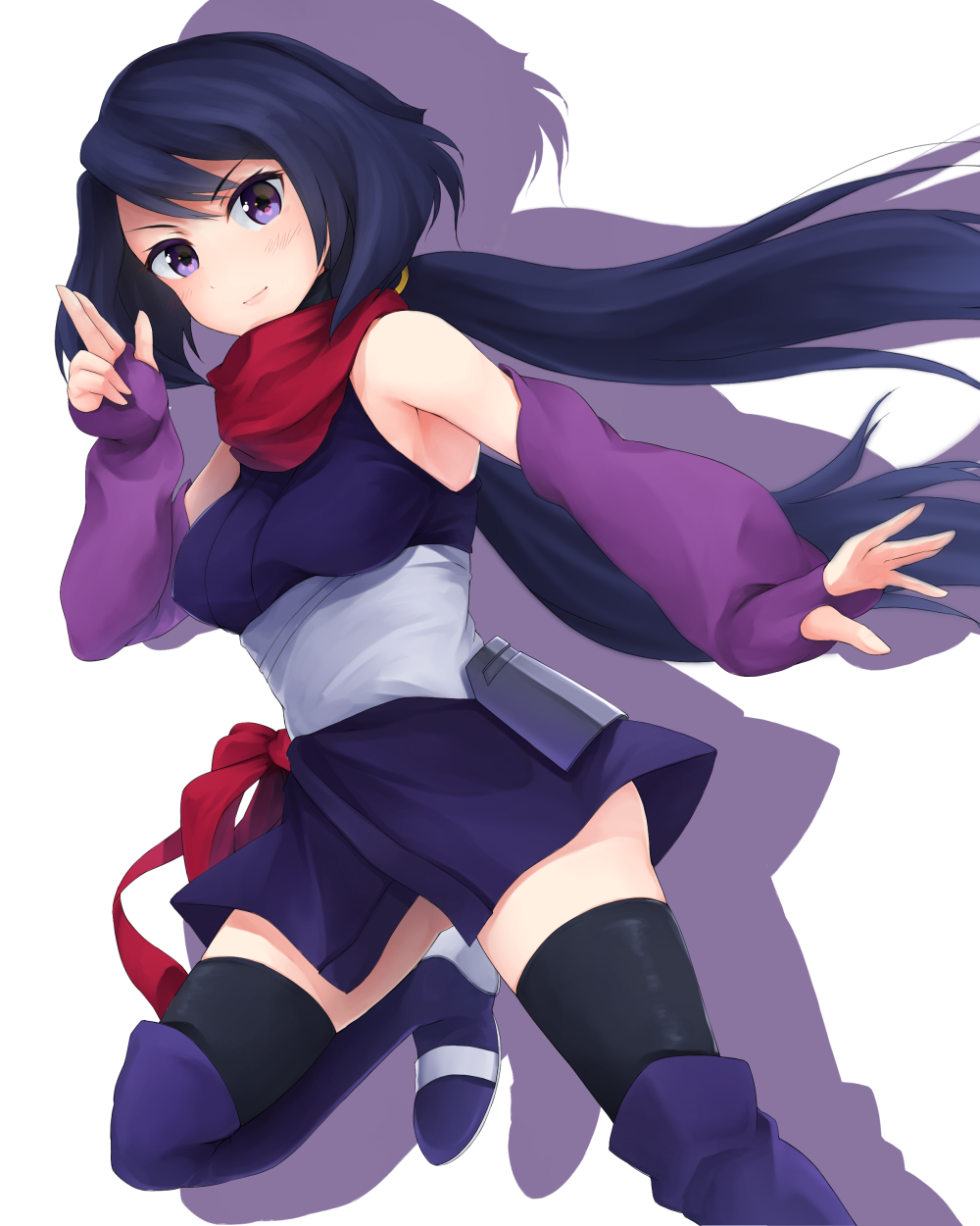 ayame_(gundam_build_divers) bangs black_hair black_legwear blush breasts commentary_request elbow_gloves gloves gundam gundam_build_divers highres japanese_clothes large_breasts long_hair looking_at_viewer low_ponytail minami_machi ninja no_mask ponytail purple_eyes red_scarf scarf sleeveless smile solo thighhighs