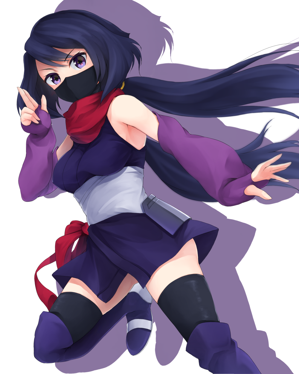 ayame_(gundam_build_divers) bangs black_hair black_legwear blush breasts commentary_request elbow_gloves face_mask gloves gundam gundam_build_divers highres japanese_clothes large_breasts long_hair looking_at_viewer low_ponytail mask minami_machi ninja ninja_mask ponytail purple_eyes red_scarf scarf sleeveless solo thighhighs
