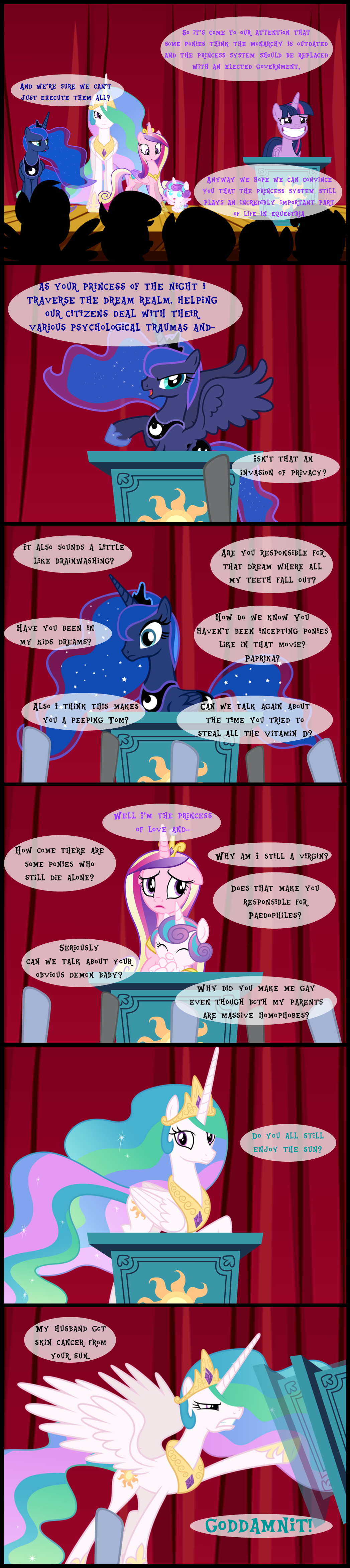 2018 absurd_res angry bronybyexception comic crown dialogue english_text equine feathered_wings feathers female feral flurry_heart_(mlp) friendship_is_magic group hi_res horn jewelry mammal my_little_pony necklace princess_cadance_(mlp) princess_celestia_(mlp) princess_luna_(mlp) text twilight_sparkle_(mlp) winged_unicorn wings