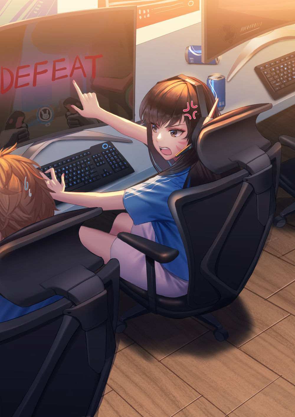 1girl anger_vein angry anier bangs blue_shirt brown_eyes brown_hair can chair computer d.va_(overwatch) desk eyelashes facepaint facial_mark fingernails from_behind highres indoors internet_cafe keyboard_(computer) long_fingernails long_hair monitor nail_polish office_chair open_mouth overwatch pink_nails playing_games pointing shirt short_hair short_sleeves shorts sitting sweatdrop upper_teeth video_game whisker_markings white_shorts wooden_floor