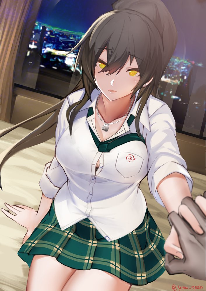 bangs bed bed_sheet black_bra black_hair bra breasts city city_lights cityscape cleavage collarbone commentary curtains dark_skin dog_tags dress_shirt eyebrows_visible_through_hair green_neckwear hair_between_eyes heart heart-shaped_pupils high_ponytail holding_hands hotel_room idolmaster idolmaster_shiny_colors indoors large_breasts legs long_hair looking_at_viewer loose_necktie miniskirt necktie night night_sky on_bed open_clothes open_mouth open_shirt open_window parted_lips plaid plaid_skirt pleated_skirt ponytail razu_(rus) school_uniform shirase_sakuya shirt sitting sitting_on_bed skirt sky skyline symbol-shaped_pupils taut_clothes taut_shirt thighs twitter_username underwear white_shirt window yellow_eyes