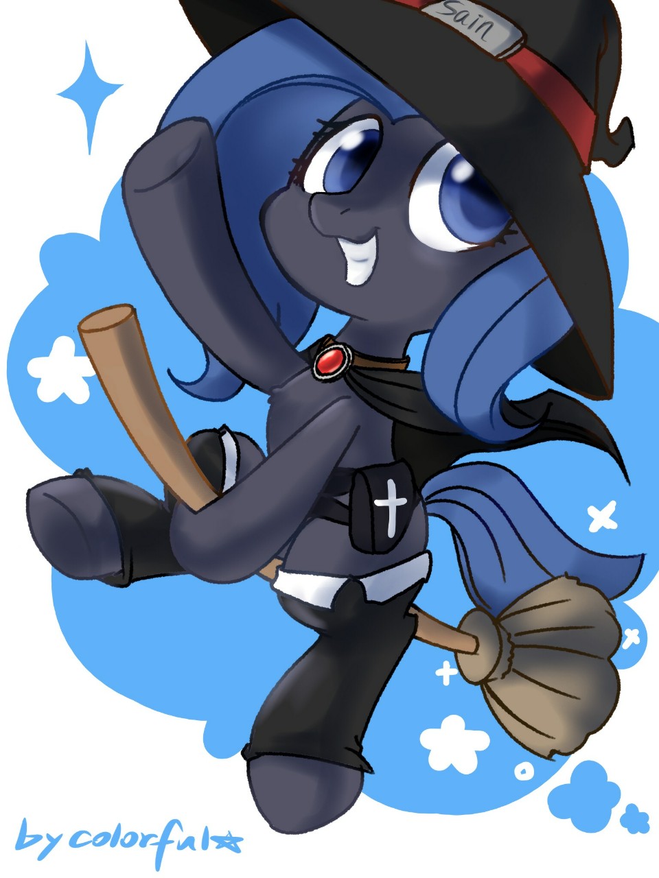 2017 bag blue_eyes blue_hair broom cape clothed clothing costume cute earth_pony english_text equine eyelashes fan_character female feral flying grin hair hat hooves horse legwear mammal my_little_pony oofycolorful pony portrait satchel signature simple_background smile solo teeth text white_background witch_hat