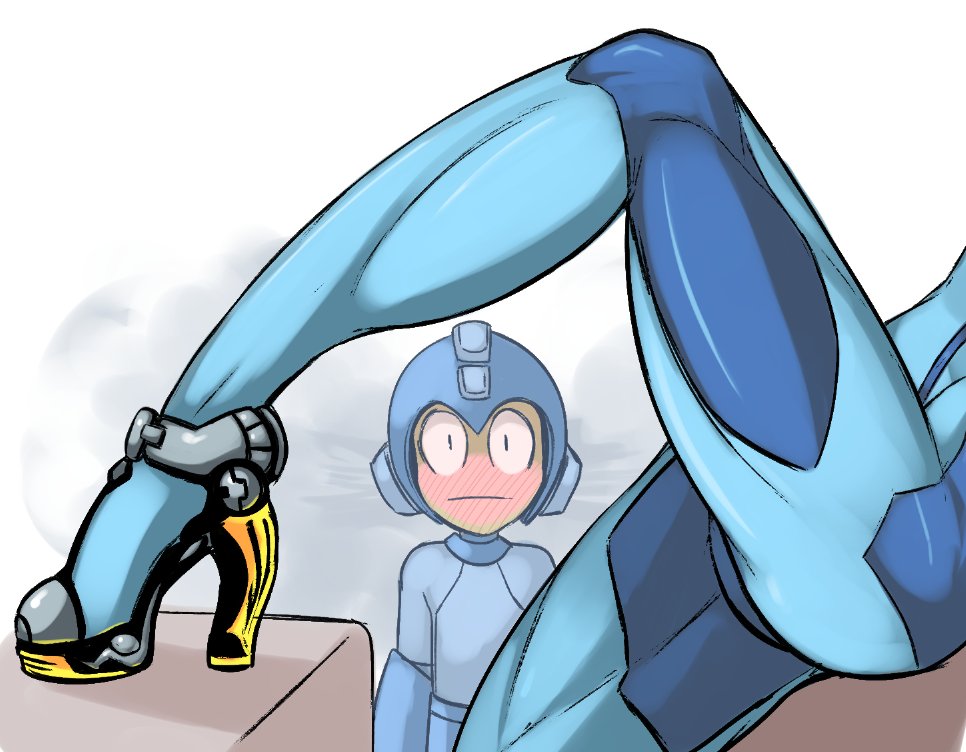 1girl android arm_at_side awd! black_eyes blue_bodysuit blurry blush bodysuit closed_mouth commentary constricted_pupils depth_of_field embarrassed grey_background helmet high_heels knee_up legs looking_at_another lower_body lying metroid nose_blush on_back rockman rockman_(character) rockman_(classic) samus_aran shoes simple_background skin_tight standing strappy_heels super_smash_bros. super_smash_bros._ultimate thighs toned two-tone_background upper_body white_background wide-eyed zero_suit