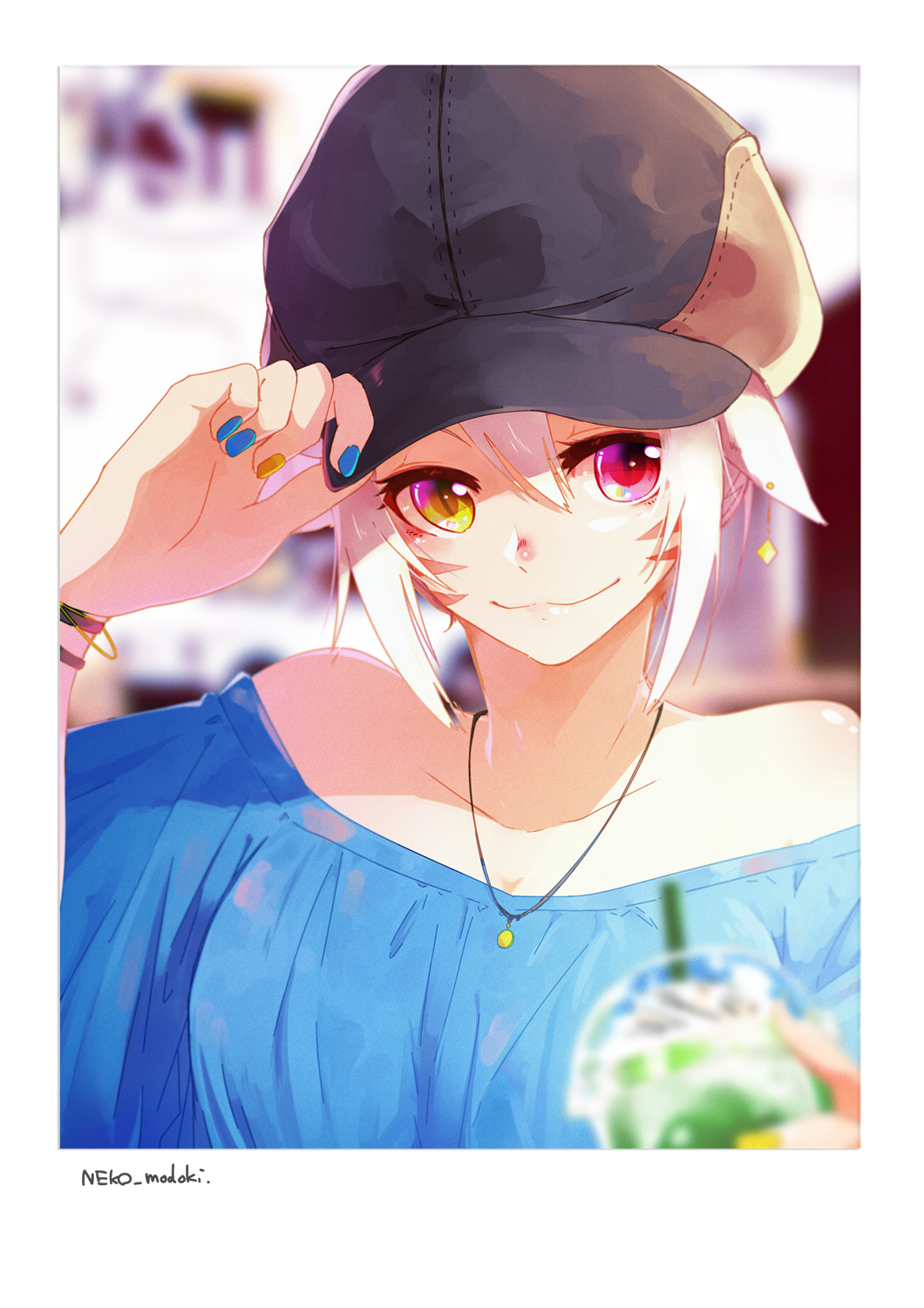bare_shoulders blurry blurry_background blurry_foreground bracelet casual close-up collarbone cup drinking_glass earrings face facial_mark final_fantasy final_fantasy_xiv hand_on_headwear hat heterochromia highres jewelry lili_mdoki looking_at_viewer miqo'te nail_polish necklace off_shoulder short_hair slit_pupils smile solo white_hair