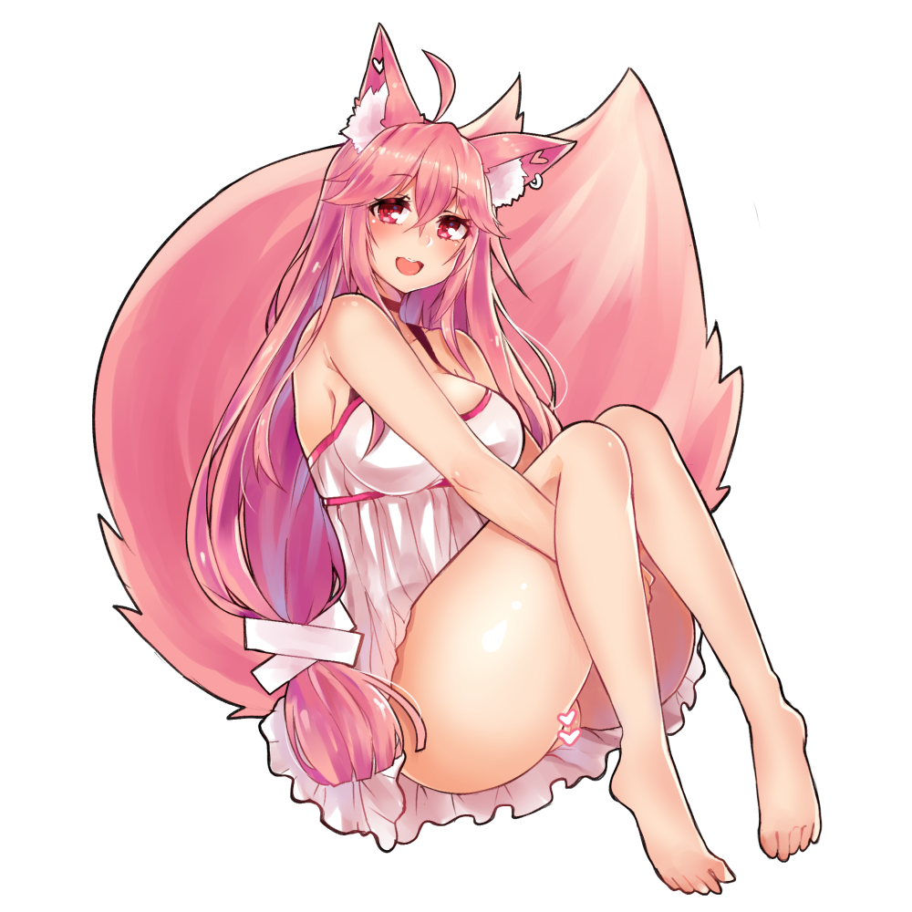 :d ahoge animal_ear_fluff animal_ears bangs bare_legs bare_shoulders barefoot black_outline blush breasts camisole censored choker dress ear_piercing earrings eyebrows_visible_through_hair fox_ears fox_tail hands_under_legs heart heart_censor jewelry kireina_(osiimi) large_breasts large_tail leg_hug long_hair looking_at_viewer low-tied_long_hair low_tied_hair low_twintails multiple_tails no_panties open_mouth original osiimi outline paid_reward patreon_reward piercing pink_hair pussy red_eyes red_ribbon ribbon ribbon_choker sidelocks simple_background sitting smile solo spaghetti_strap swept_bangs tail twintails very_long_hair white_background