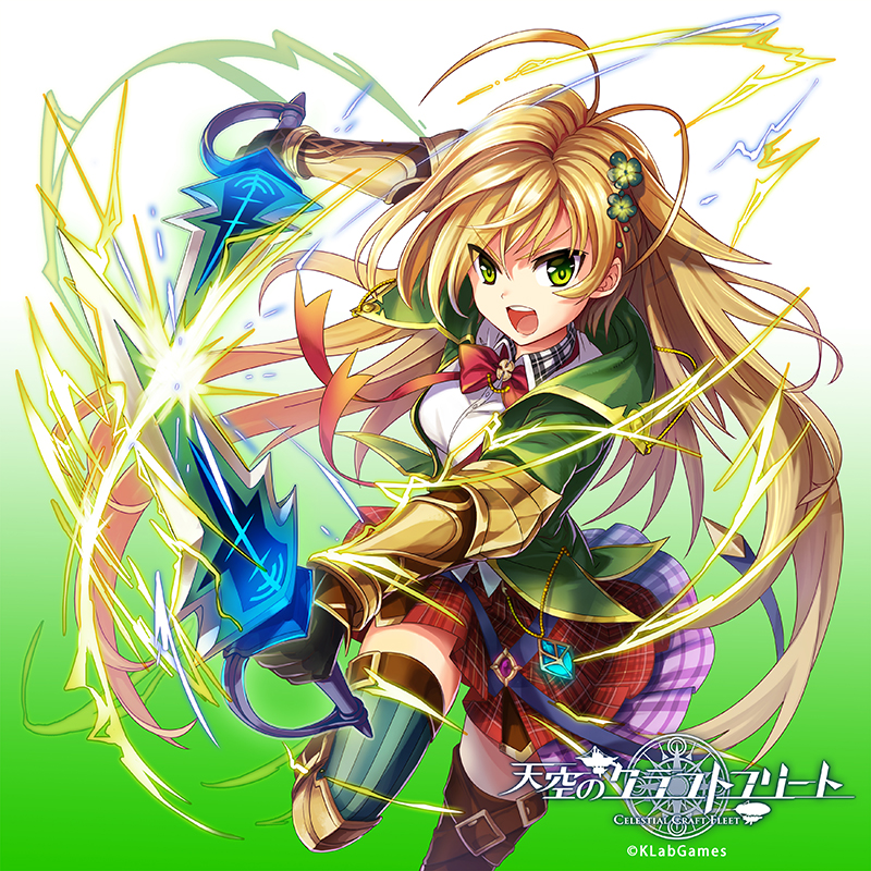 antenna_hair black_gloves blonde_hair bow bracer clover clover_hair_ornament copyright_name dual_wielding electricity fighting_stance four-leaf_clover gloves gradient gradient_background green_background green_eyes green_legwear hair_ornament holding holding_sword holding_weapon jewelry long_hair looking_at_viewer official_art open_mouth plaid plaid_skirt red_bow red_ribbon red_skirt ribbon ripodpotato skirt smile standing standing_on_one_leg striped striped_legwear sword tenkuu_no_craft_fleet thigh_strap thighhighs v-shaped_eyebrows very_long_hair watermark weapon