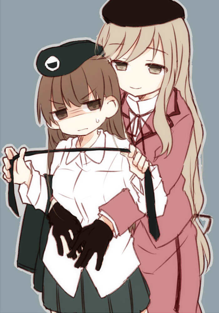 age_difference age_regression angry beret black_gloves black_hat black_jacket black_neckwear black_skirt brown_eyes brown_hair closed_mouth cowboy_shot dress_shirt emblem formal frown fud girls_und_panzer gloom_(expression) gloves grey_background half-closed_eyes hat high_collar holding_necktie hug hug_from_behind jacket jacket_removed light_brown_eyes light_brown_hair medium_skirt miniskirt multiple_girls neck_ribbon necktie necktie_removed nishizumi_shiho pleated_skirt purple_jacket purple_skirt ribbon selection_university_military_uniform shimada_chiyo shirt simple_background skirt skirt_suit suit sweatdrop untucked_shirt v-shaped_eyebrows white_shirt wing_collar younger