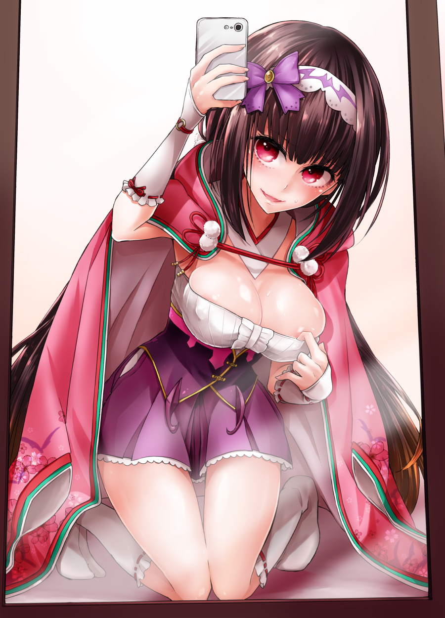amatsubu areola_slip areolae arm_warmers black_hair breasts brown_hair cellphone cleavage cloak commentary_request covered_nipples fate_(series) female_pov gradient_hair head_tilt highres hood hood_down hooded_cloak kneeling large_breasts long_hair looking_at_viewer low_twintails mirror multicolored_hair osakabe-hime_(fate/grand_order) phone pink_cloak pov purple_eyes self_shot smartphone solo tabi thigh_gap twintails very_long_hair