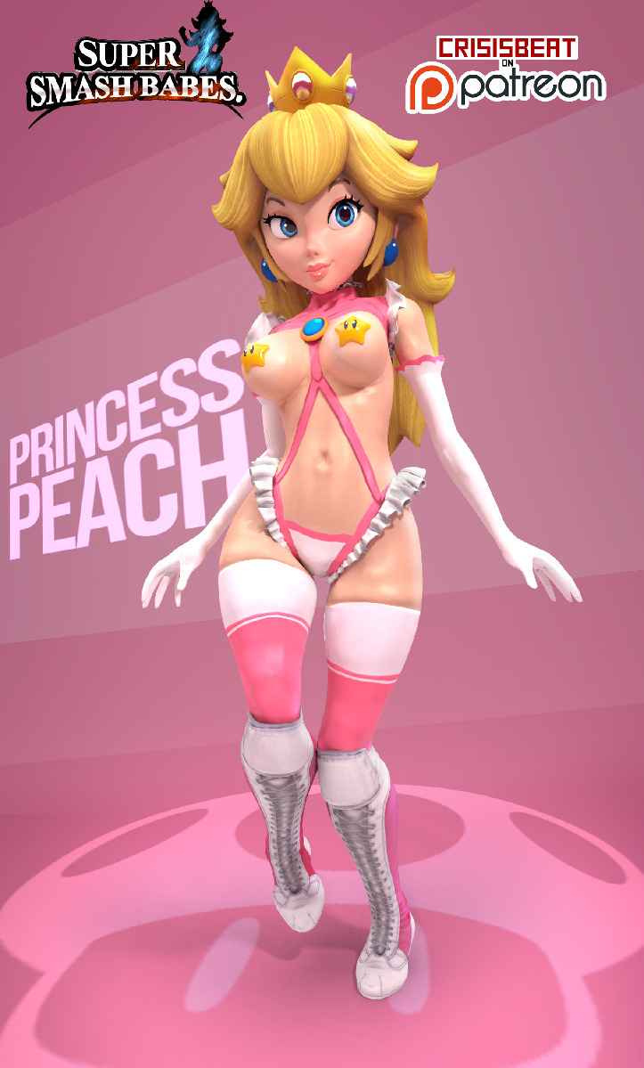 1girl 3d alternate_costume bare_shoulders blonde_hair blue_eyes boots breasts character_name crisisbeat crown earrings elbow_gloves erect_nipples frilled_skirt full_body lips long_hair mario_(series) medium_breasts navel patreon_username princess_peach revealing_clothes skirt smile solo super_mario_bros. super_smash_bros. thighhighs watermark
