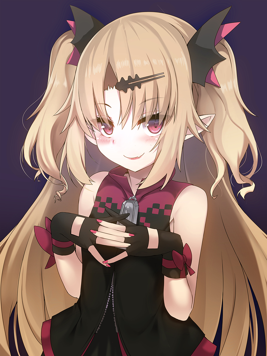 akatsuki_yuni bad_id bad_pixiv_id bangs bare_arms bare_shoulders black_dress black_gloves blonde_hair blush closed_mouth dress eyebrows_visible_through_hair eyes_visible_through_hair fang fang_out gloves gradient gradient_background hair_ornament hairclip hands_up high_collar highres long_hair looking_at_viewer nail_polish okuri_banto own_hands_together parted_bangs partly_fingerless_gloves pink_nails pointy_ears red_eyes red_ribbon ribbon sidelocks sleeveless sleeveless_dress smile solo tsurime two_side_up uni_channel virtual_youtuber wrist_ribbon zipper zipper_pull_tab