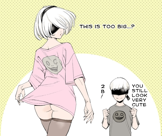 1boy 1girl ass black_legwear blindfold clenched_hands cropped_legs emil_(nier) english limited_palette looking_back nier nier_(series) nier_automata oversized_clothes oversized_shirt parted_lips shinya_komi shirt shirt_lift short_hair silver_hair smile thighhighs upper_body yorha_no._2_type_b yorha_no._9_type_s