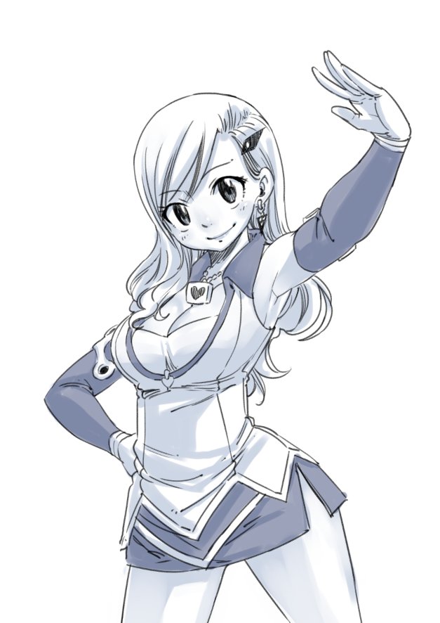 arm_up bangs breasts cleavage cowboy_shot detached_sleeves eden's_zero hair_ornament hand_on_hip jewelry large_breasts long_hair looking_at_viewer mashima_hiro microskirt monochrome necklace official_art outstretched_arm pencil_skirt rebecca_(eden's_zero) simple_background sketch skirt smile solo standing swept_bangs white_background