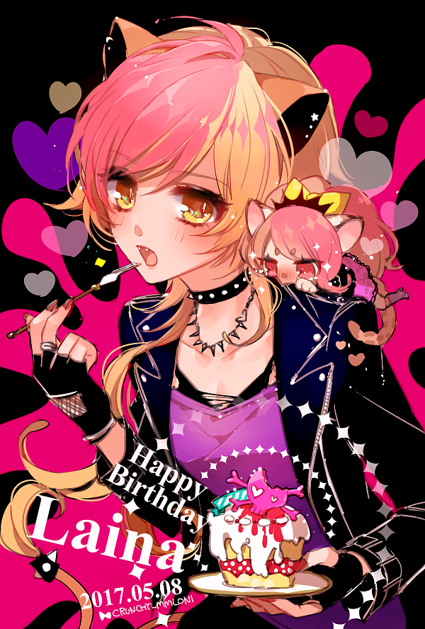 2girls animal_ears black_background black_bra black_choker black_gloves black_jacket blonde_hair bra breasts cake chibi chino_machiko choker collar dated fangs fingerless_gloves fingernails food fork gloves happy_birthday heart holding jacket laina_(show_by_rock!!) lion_ears long_hair long_sleeves looking_at_viewer multicolored_hair multiple_girls nail_polish on_shoulder open_clothes open_jacket open_mouth pink_shirt red_hair red_nails shirt show_by_rock!! signature simple_background slit_pupils small_breasts spiked_collar spikes strawberry_shortcake underwear