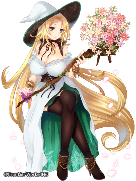 bare_shoulders blue_eyes bouquet breasts brown_footwear brown_legwear cleavage copyright_request crossed_legs dress flower full_body hat high_heels holding holding_staff invisible_chair large_breasts long_hair looking_to_the_side official_art sirokurodai sitting staff thighhighs very_long_hair watermark white_dress white_hat witch witch_hat