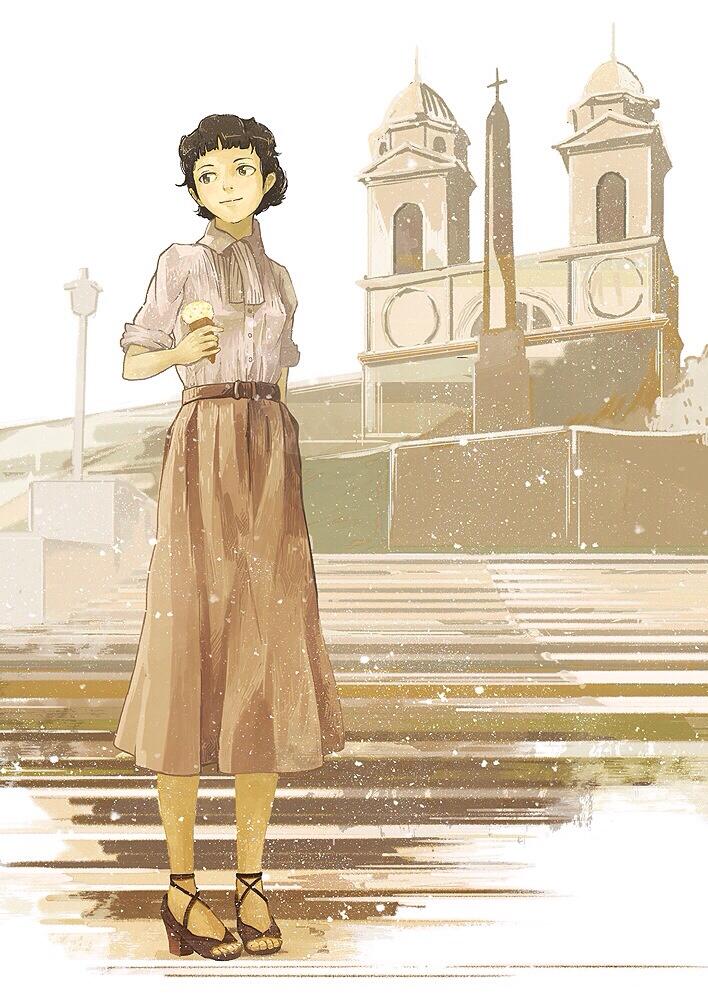audrey_hepburn belt blouse breasts brown_eyes brown_hair brown_skirt church closed_mouth commentary food gemi high_heels holding ice_cream ice_cream_cone original roman_holiday sandals short_hair skirt smile solo stairs standing white_blouse