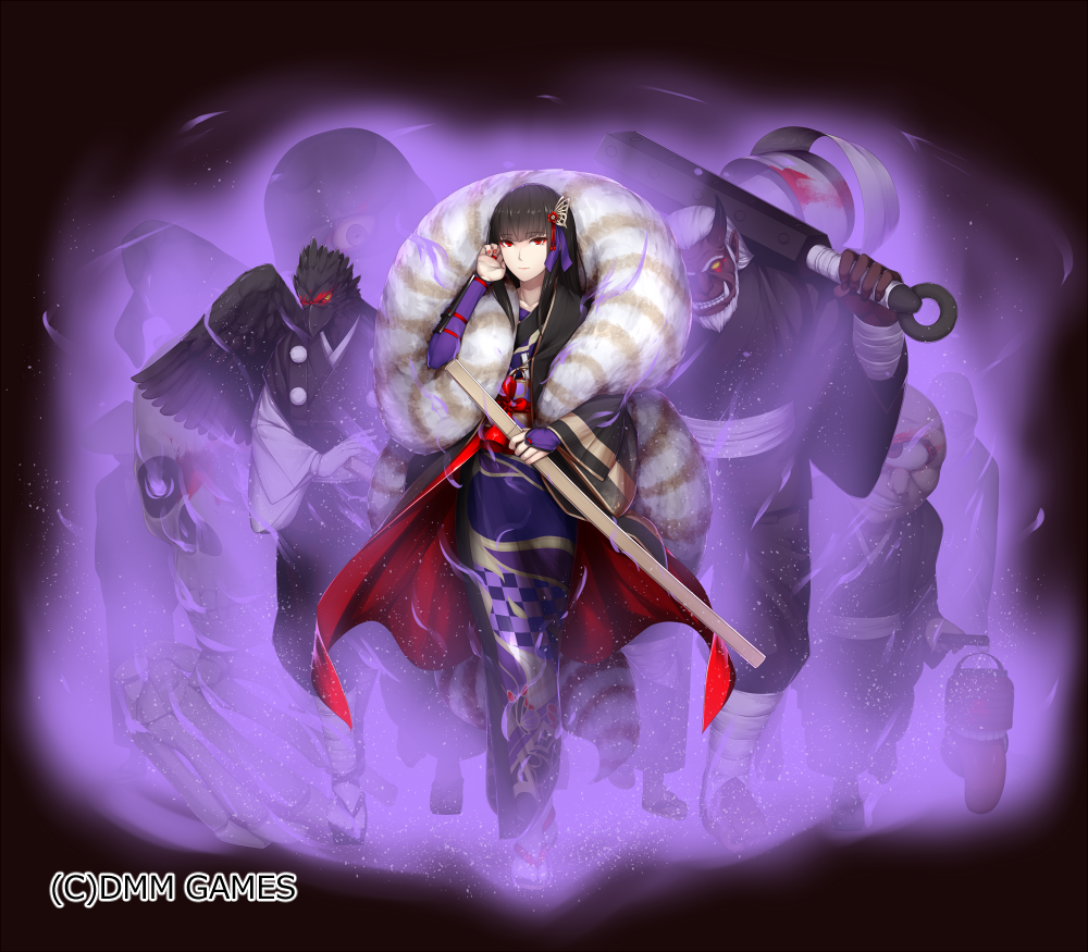 aura bangs black_hair blunt_bangs closed_mouth hand_up holding holding_sword holding_weapon japanese_clothes kageshio_(276006) kimono long_hair long_sleeves looking_at_viewer monster oni purple_kimono red_eyes scabbard sennen_sensou_aigis sheath solo standing sword watermark weapon