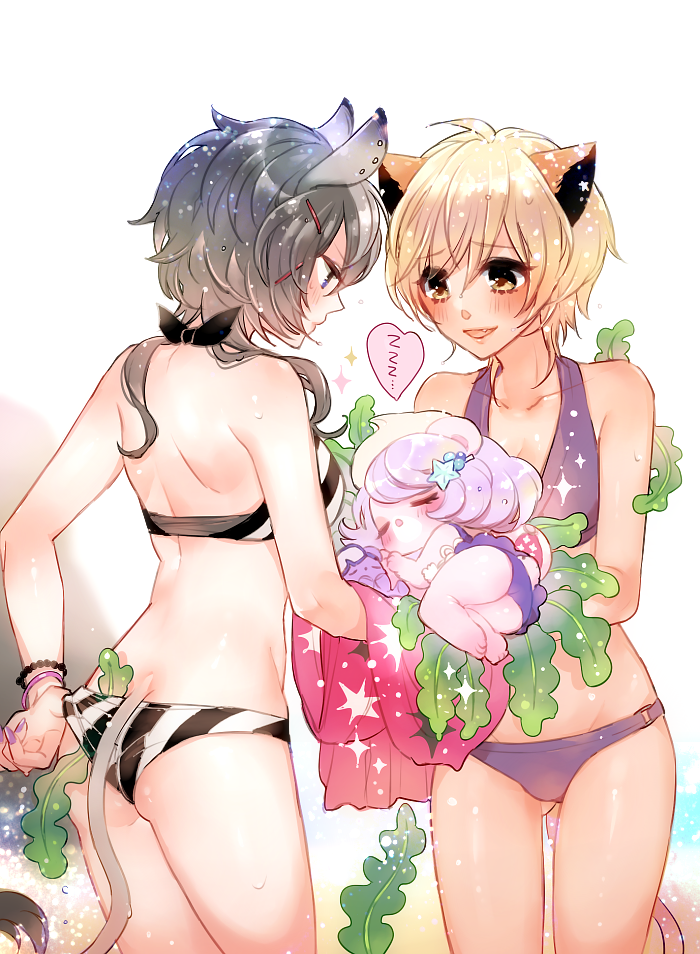 :d :o adjusting_clothes animal_ears ass ass_visible_through_thighs back bikini bikini_pull black_bikini black_bow blush bow bracelet chibi chino_machiko closed_eyes cream_teddy_(show_by_rock!!) earrings eyebrows_visible_through_hair fingernails grey_hair hair_ornament hairclip halterneck heart holding jewelry laina_(show_by_rock!!) multiple_girls nail_polish open_mouth parted_lips pink_nails pulled_by_self purple_bikini seaweed short_hair show_by_rock!! smile standing star star_hair_ornament striped striped_bikini swimsuit tail white_background zebrina_(show_by_rock!!) zzz