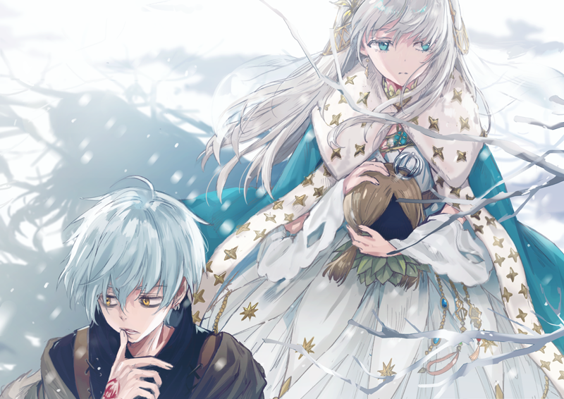 1girl anastasia_(fate/grand_order) blue_cloak blue_eyes command_spell commentary_request crown dangmill doll dress fate/grand_order fate_(series) fur-trimmed_cloak hairband holding holding_doll kadoc_zemlupus long_hair mini_crown royal_robe silver_hair snow white_dress yellow_eyes yellow_hairband