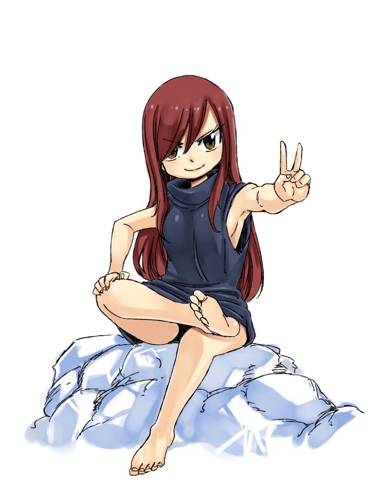 bangs barefoot black_dress breasts brown_eyes dress erza_scarlet eyebrows_visible_through_hair fairy_tail full_body hair_between_eyes hand_on_own_knee long_hair looking_at_viewer mashima_hiro official_art outstretched_arm red_hair short_dress sideboob simple_background sitting sketch sleeveless sleeveless_dress small_breasts smile solo swept_bangs v very_long_hair white_background