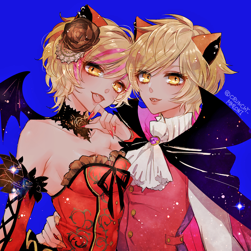 :d animal_ears ascot bare_shoulders blonde_hair blue_background breasts cape chino_machiko cleavage detached_sleeves dual_persona fangs fingernails flower hair_flower hair_ornament hug laina_(show_by_rock!!) long_sleeves looking_at_viewer medium_breasts multiple_girls nail_polish open_mouth orange_flower orange_nails orange_rose parted_lips red_nails red_vest rose sharp_fingernails short_hair show_by_rock!! simple_background smile vest waist_hug wings yellow_eyes