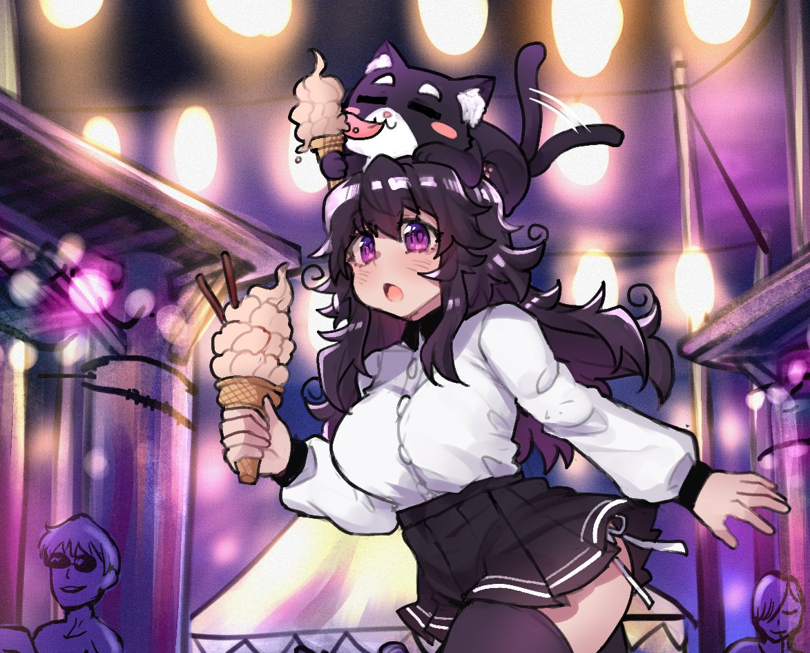 :o animal animal_on_head black_hair black_legwear black_skirt breasts cat cat_on_head commentary eating english_commentary food ghast_(osiimi) ghost holding ice_cream ice_cream_cone large_breasts long_hair looking_at_viewer messy_hair nyarla_(osiimi) on_head original osiimi outdoors panties pleated_skirt purple_eyes purple_hair shirt side-tie_panties skirt solo_focus standing tail_wagging thighhighs underwear white_shirt